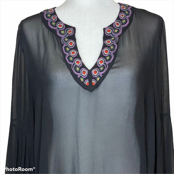 Catherine Malandrino Embroidered Black Sheer Bell Sleeve V Neck Blouse Top L - Picture 1 of 8